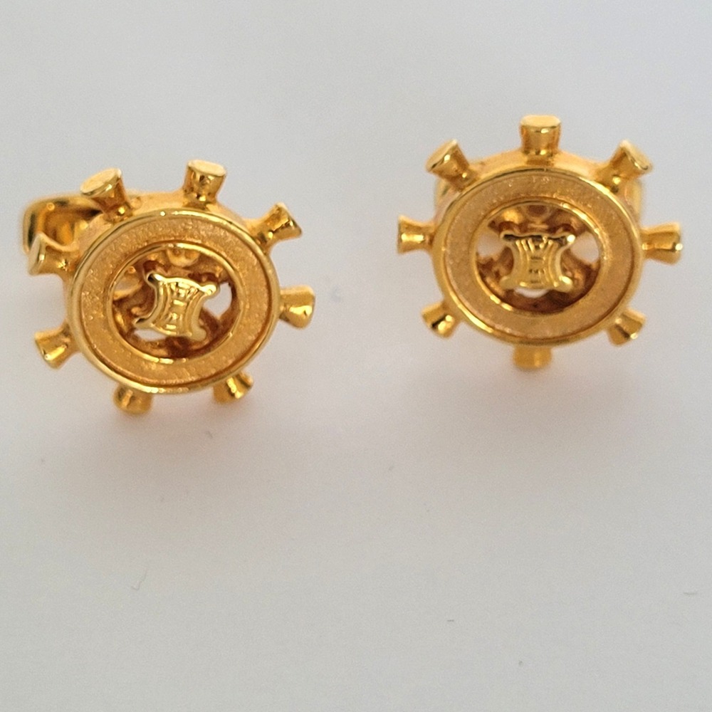 Celine Vintage Gold Tone Macadam Triomphe Ship Wheel Cufflinks Made in Italy
